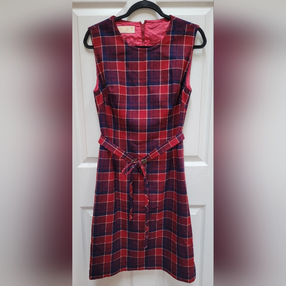 Pendleton Vintage 100% Virgin Wool Plaid Sleeveless Dress w/Belt Size 14